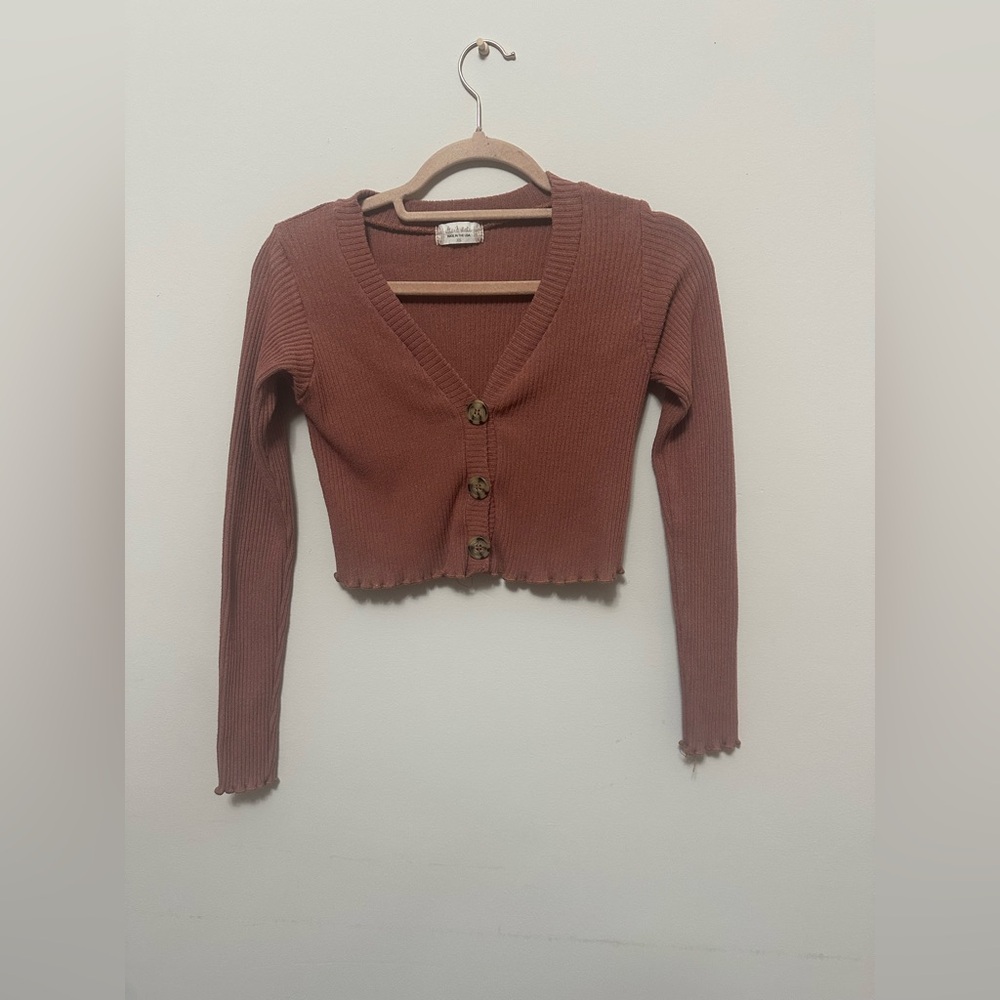 Altar’d State Cropped Ribbed Cardigan Brown Lettuce Hem XS